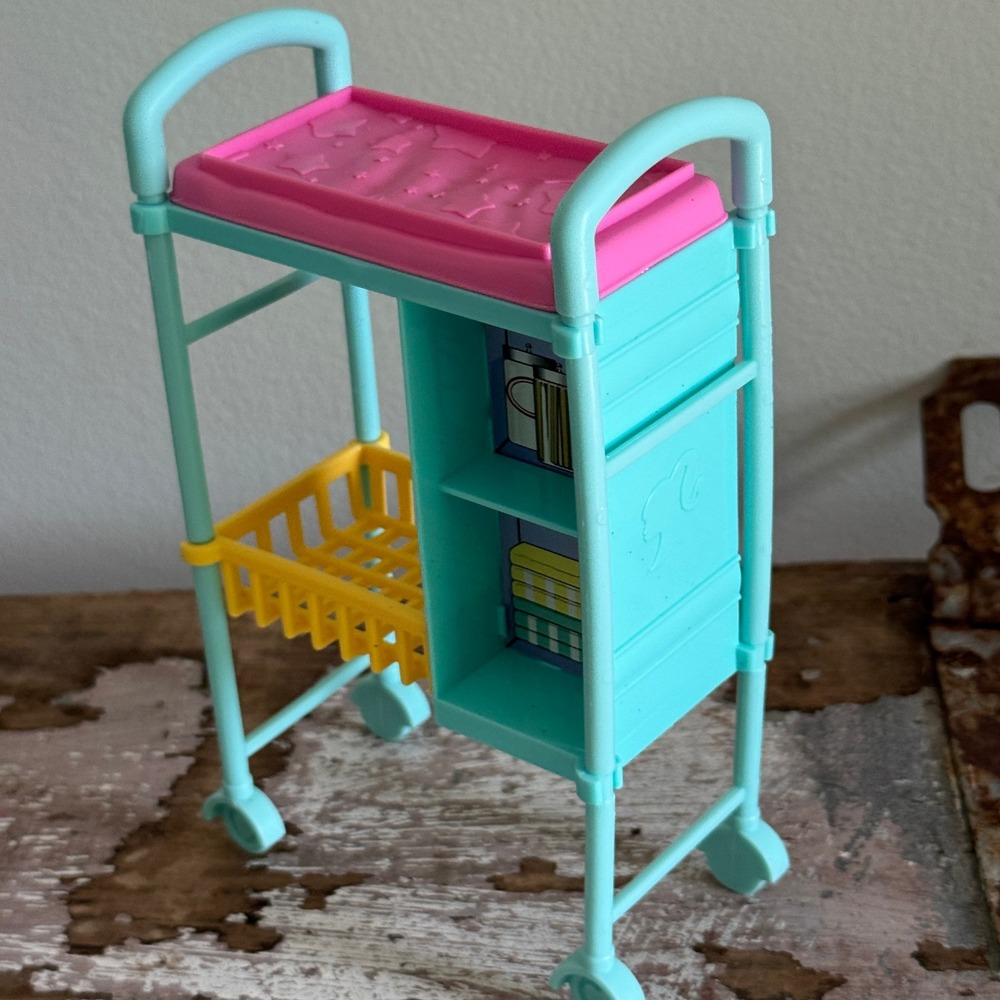 Mattel Barbie Baby Care Nursery Cart Playset with Dark Skin Baby Doll Teal Pink